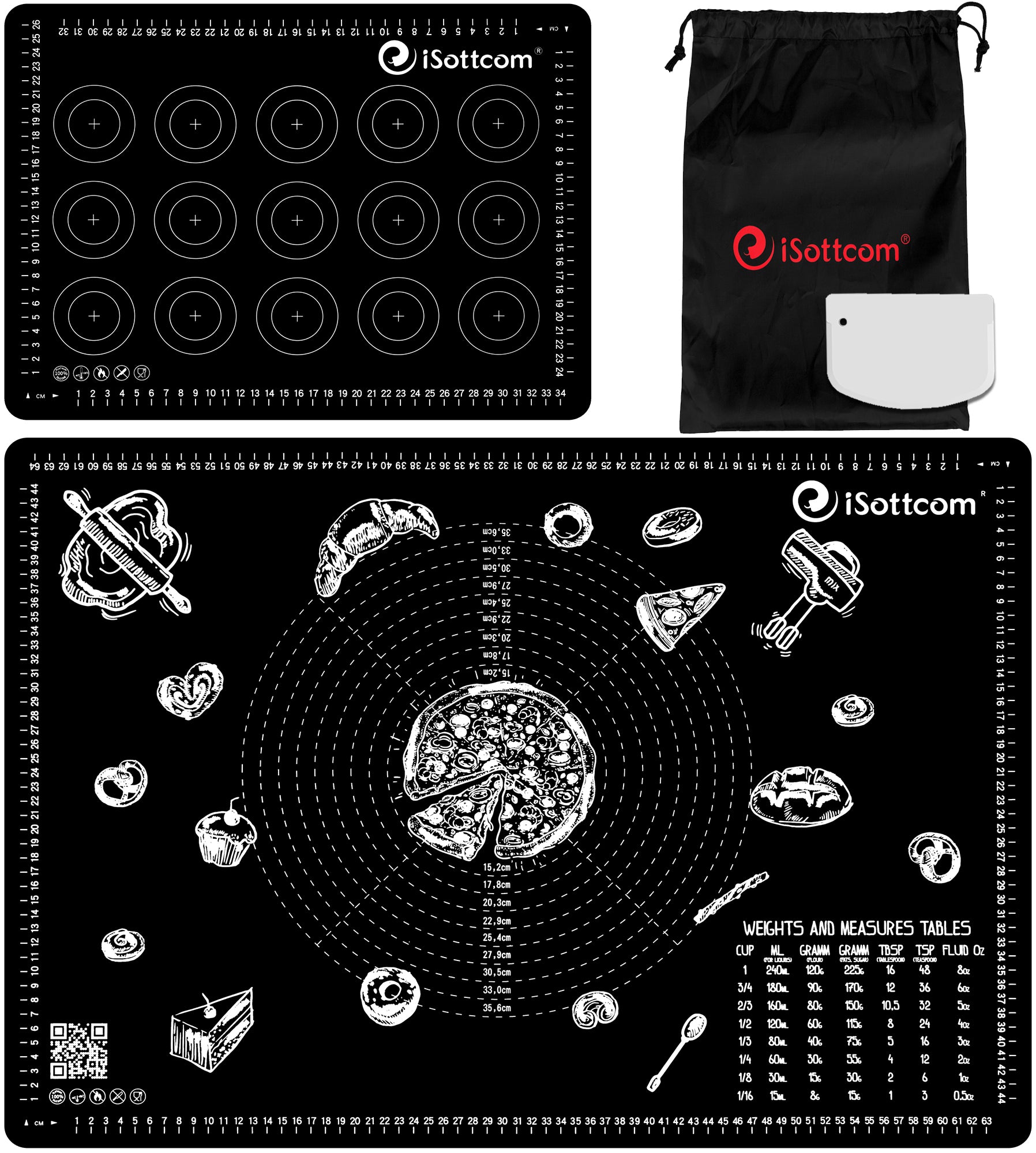 SET 4in1 - XXL rutschfeste Teigunterlage - Backmatte aus Silikon - Teigschaber - Aufbewahrungstasche